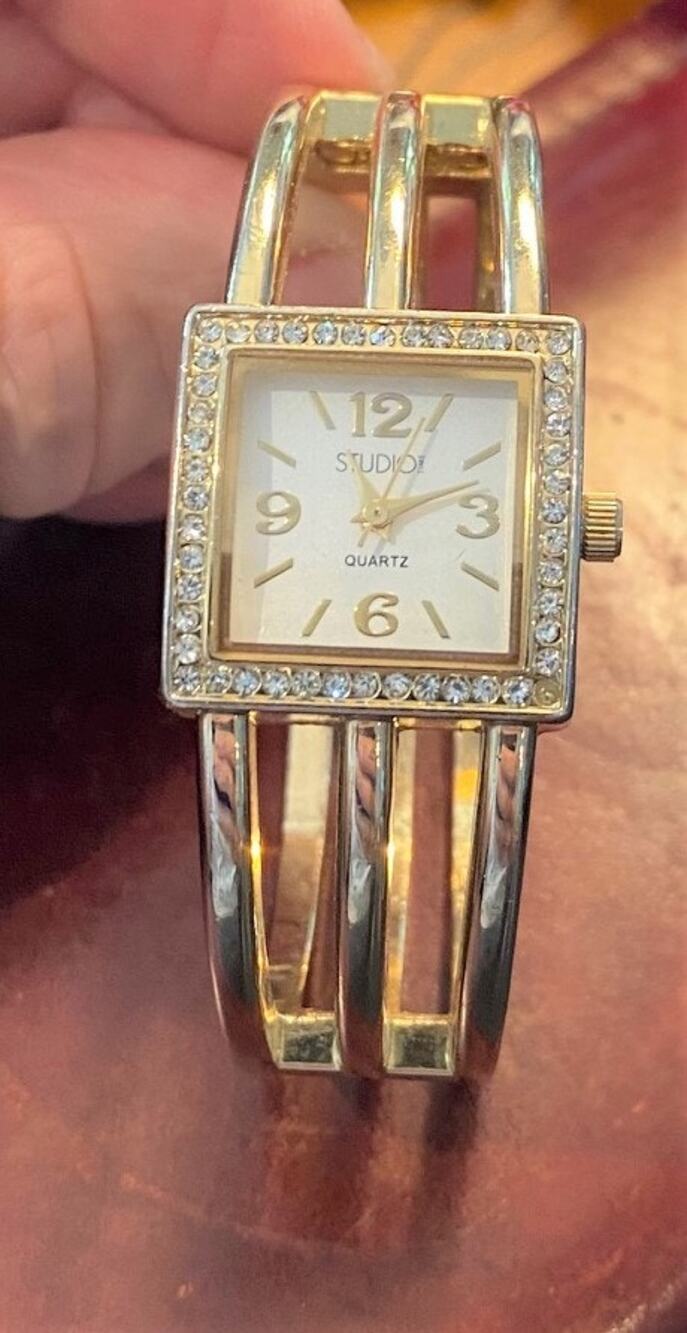 Woman's Studio Time Bangle Bracelet Watch, Gold Tone, Rhinestone Bezel